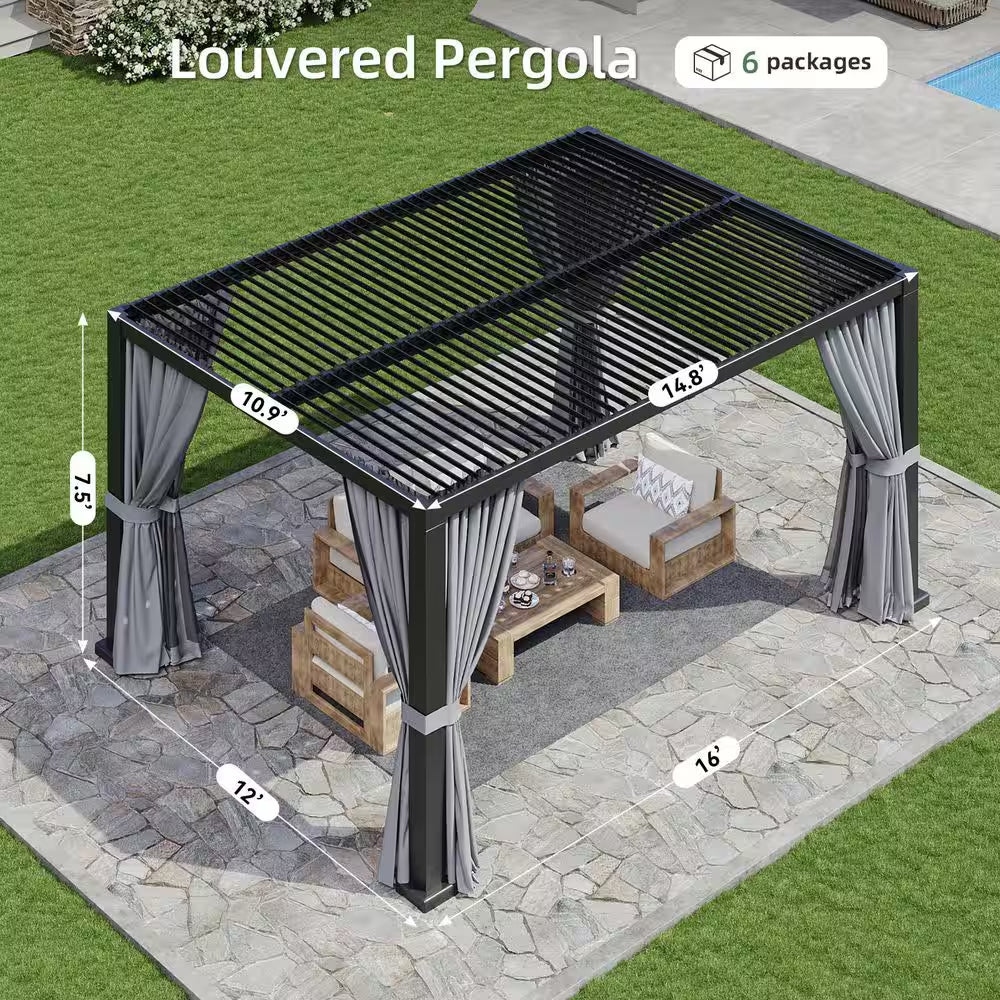 12 Ft. X 14 Ft. Hardtop Louvered Gazebo, Aluminum Frame Pergolas with Adjustable Roof for Garden