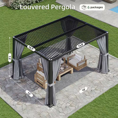 12 Ft. X 14 Ft. Hardtop Louvered Gazebo, Aluminum Frame Pergolas with Adjustable Roof for Garden