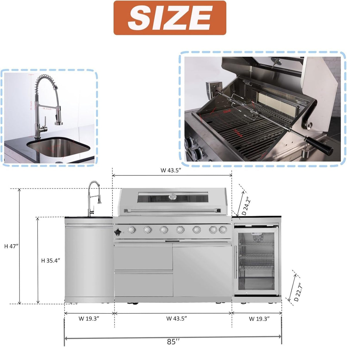 Outdoor Kitchen Island 85" 6-Burner 85000 BTU Deluxe Modular BBQ Island - Grill Islands W/Wine Cooler, Built in Combo outside Island + Rotisserie & Granite Top Outdoor Grill