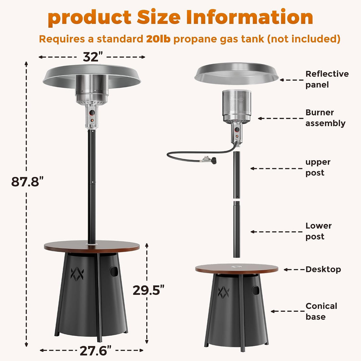 Outdoor Heaters for Patio with round Table Design, Premium 304 Stainless Steel Burner, Triple Protection System Propane Patio Heater for Porch Garden, Residential & Commercial Use
