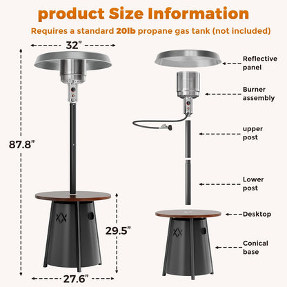 Outdoor Heaters for Patio with round Table Design, Premium 304 Stainless Steel Burner, Triple Protection System Propane Patio Heater for Porch Garden, Residential & Commercial Use