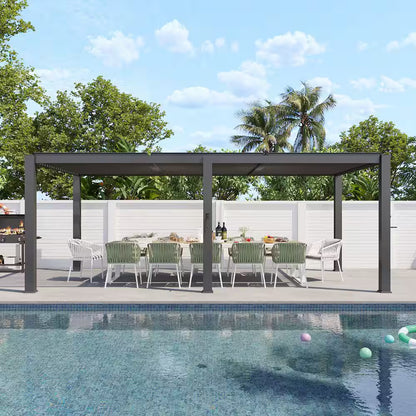 20 Ft. X 10 Ft. Black Adjustable Louvered Metal Pergolas with Hand Crank Roof