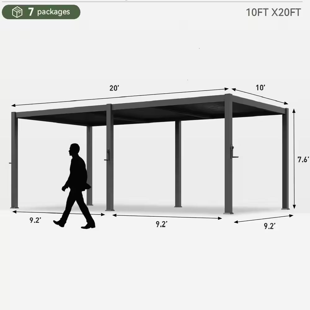 20 Ft. X 10 Ft. Black Adjustable Louvered Metal Pergolas with Hand Crank Roof