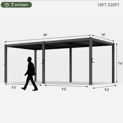 20 Ft. X 10 Ft. Black Adjustable Louvered Metal Pergolas with Hand Crank Roof