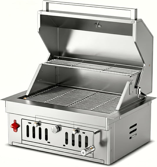 27-IN Premium Portable 304 Stainless Steel Built-In Charcoal Grill with Adjustable Charcoal Tray, Large Front Access Door, and Side Vents, Ideal for Outdoor Family BBQ Gatherings