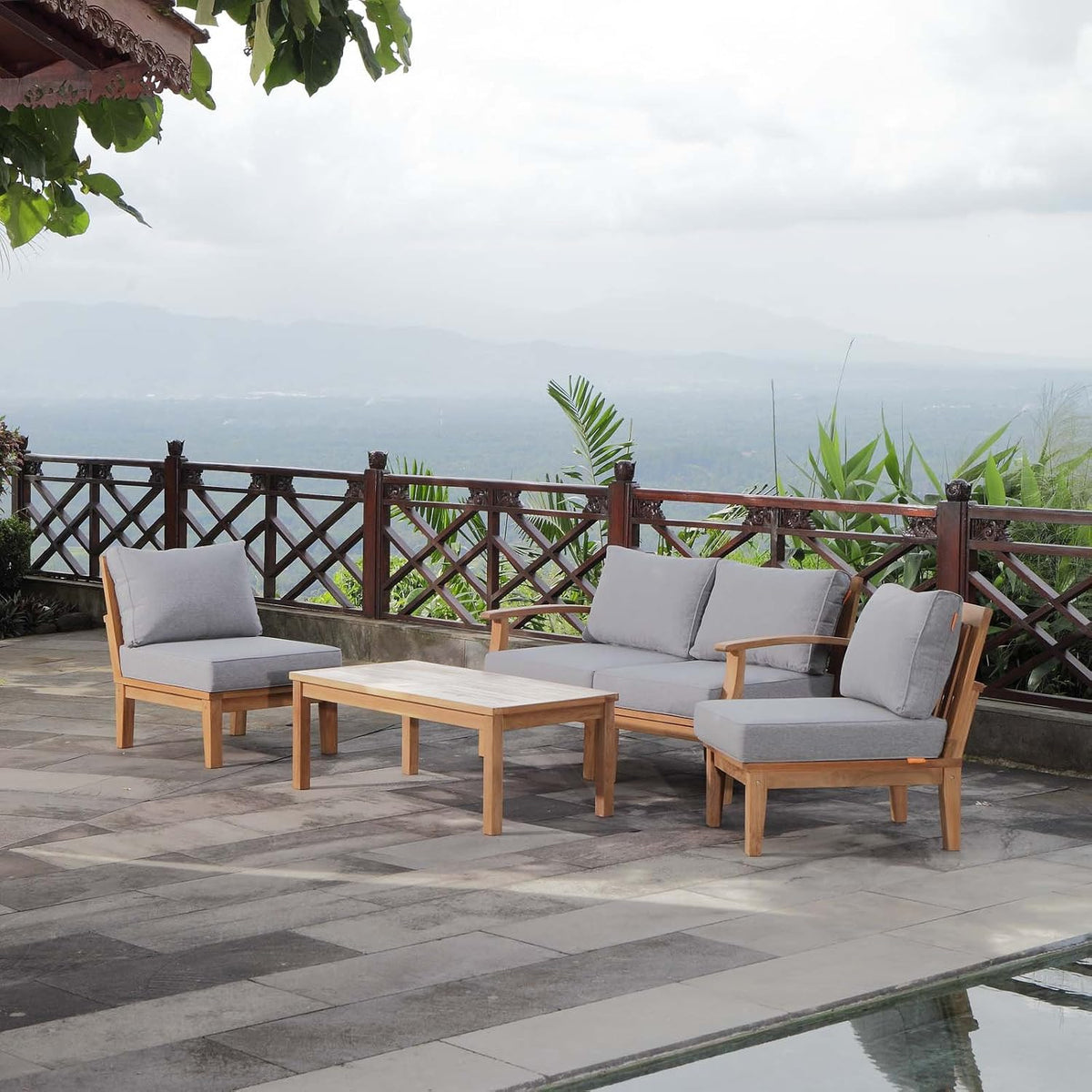 EEI-1477-NAT-GRY-SET Marina Premium Grade a Teak Wood 5-Piece Outdoor Patio Furniture Set, Natural Gray