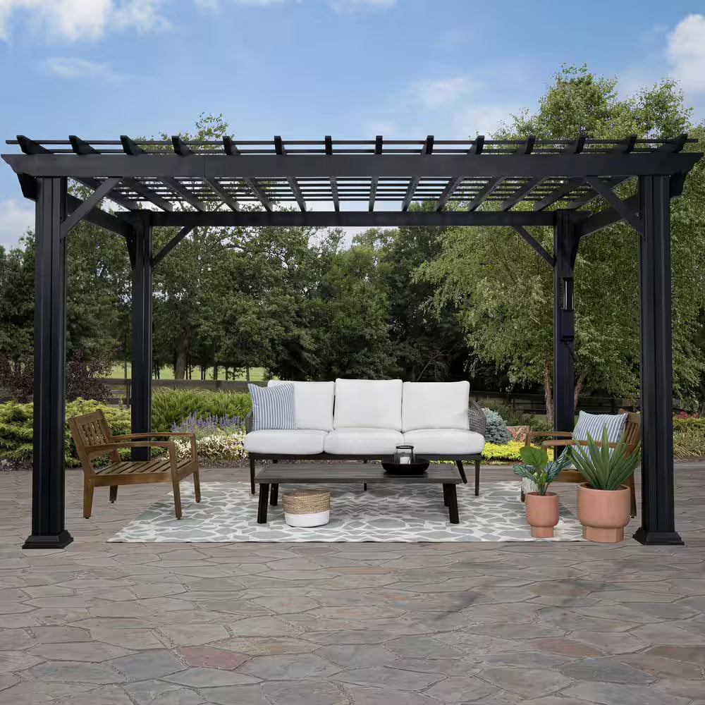 Stratford 14 Ft. X 12 Ft. Black Galvanized Steel Traditional Outdoor Patio Pergola with Trellis Roof