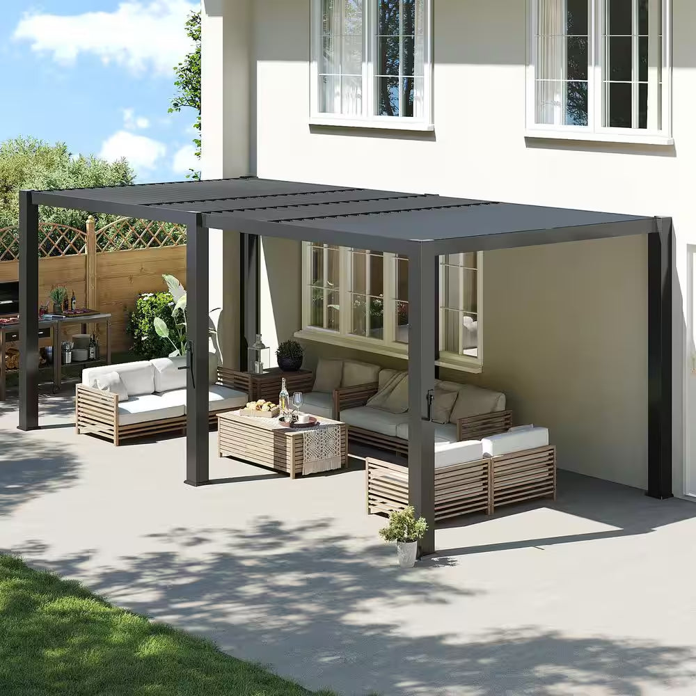 20 Ft. X 10 Ft. Black Adjustable Louvered Metal Pergolas with Hand Crank Roof