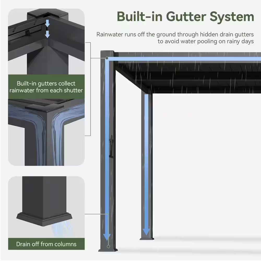 20 Ft. X 10 Ft. Black Adjustable Louvered Metal Pergolas with Hand Crank Roof