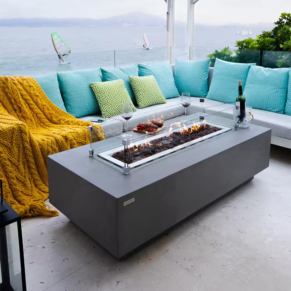 Granville Outdoor Fire Pit 60 In. X 27 In. Rectangular Concrete Propane Fire Table with Lava Rocks and Cover