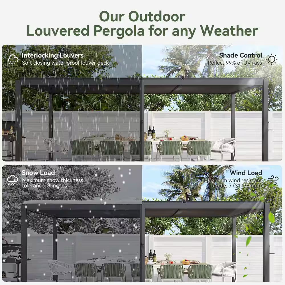 20 Ft. X 10 Ft. Black Adjustable Louvered Metal Pergolas with Hand Crank Roof