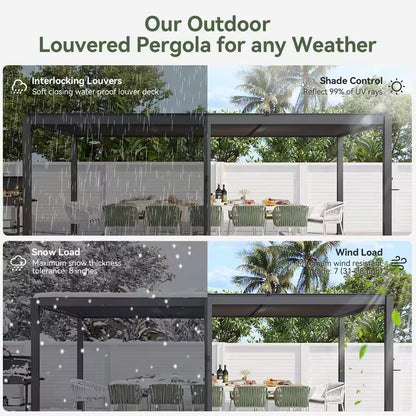 20 Ft. X 10 Ft. Black Adjustable Louvered Metal Pergolas with Hand Crank Roof